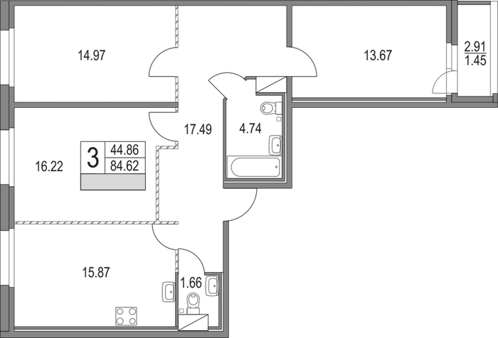 3-комнатная квартира 84.62 м², 3/16 эт., ЖК «Приморский квартал»